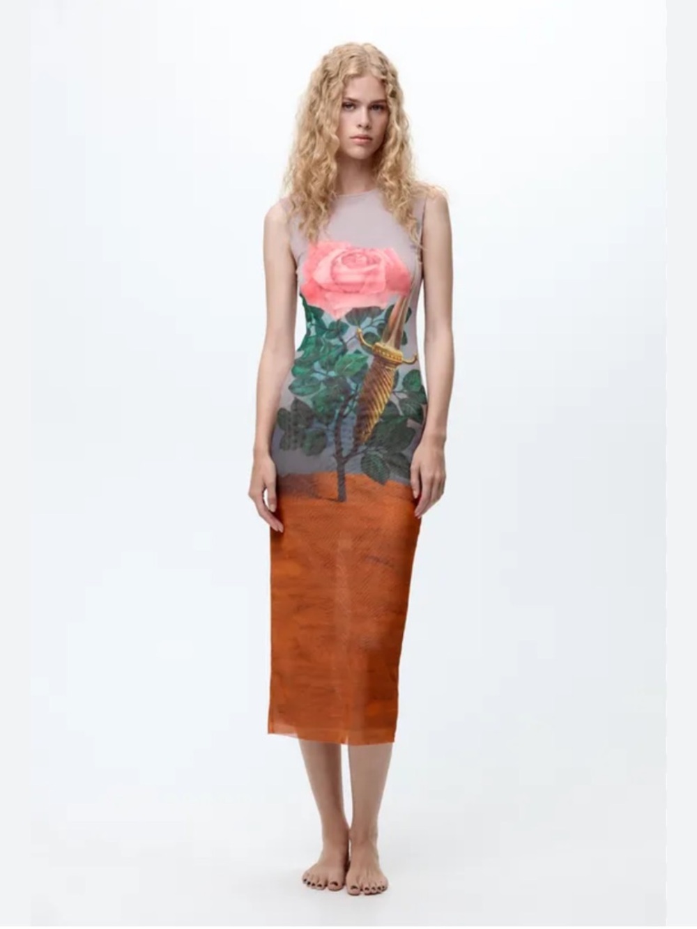 Zara Sleeveless Midi Skirt Dress with Rose Print - Pink & Brown